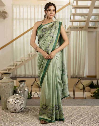 Pista Green Dola Silk Printed Saree