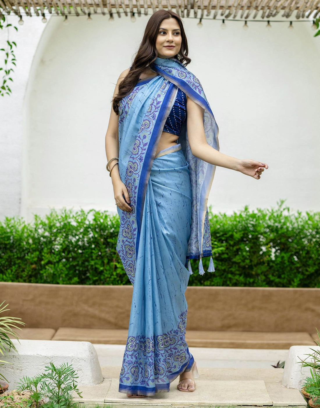 Blue Dola Silk Printed Saree