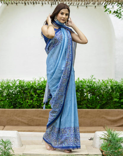 Blue Dola Silk Printed Saree