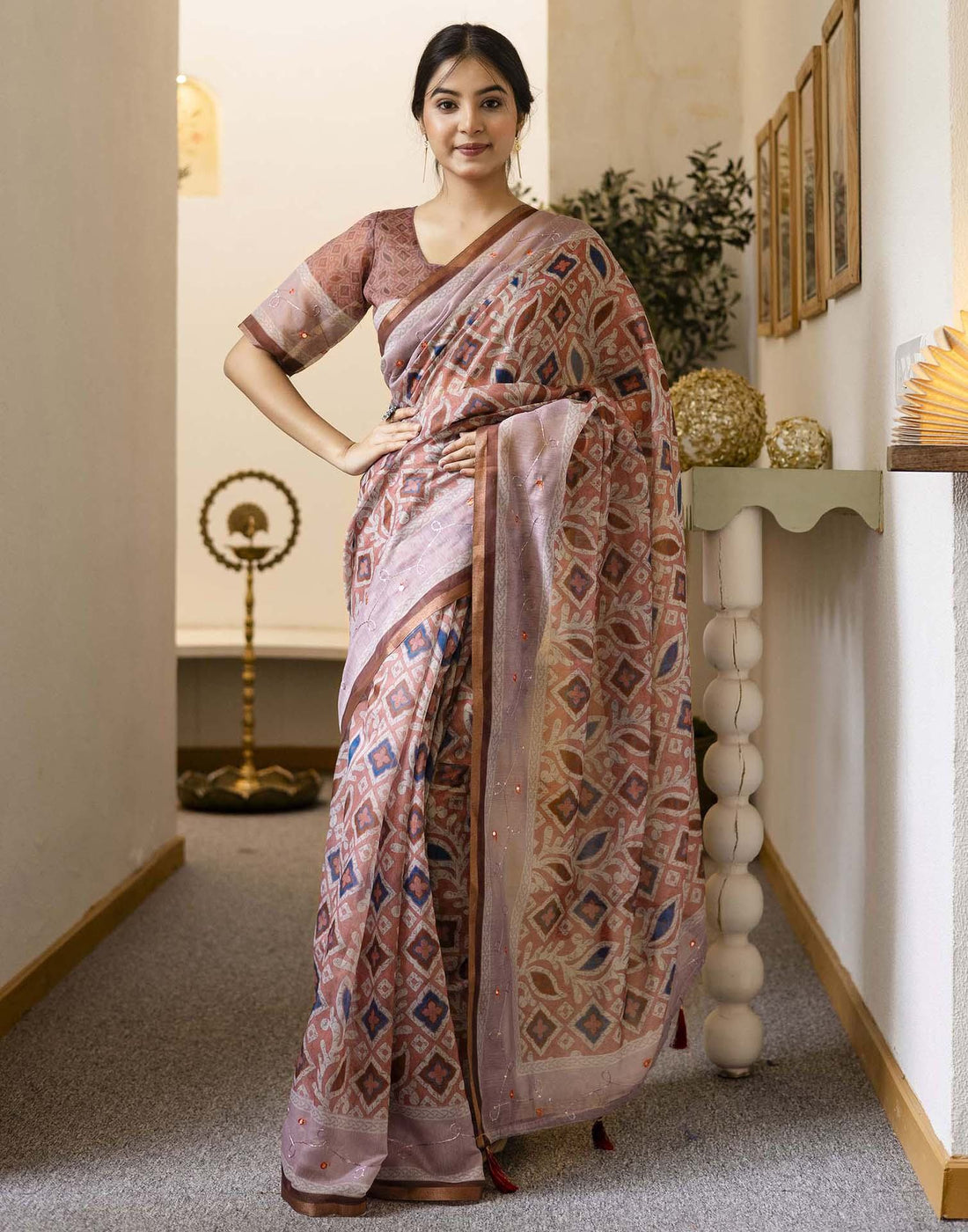 Dusty Peach Chanderi Printed Saree