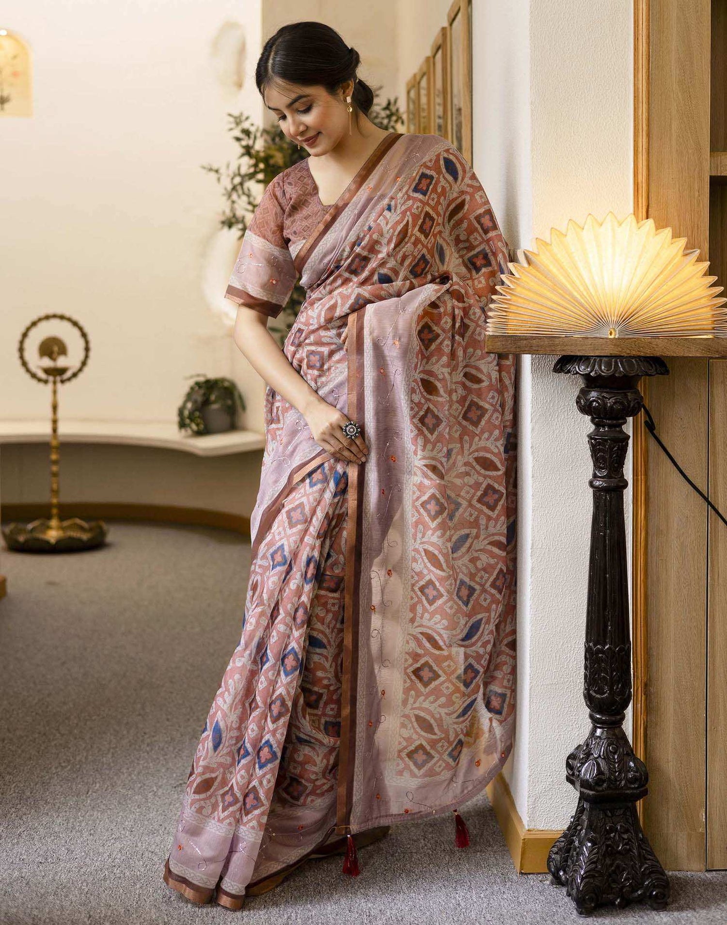 Dusty Peach Chanderi Printed Saree