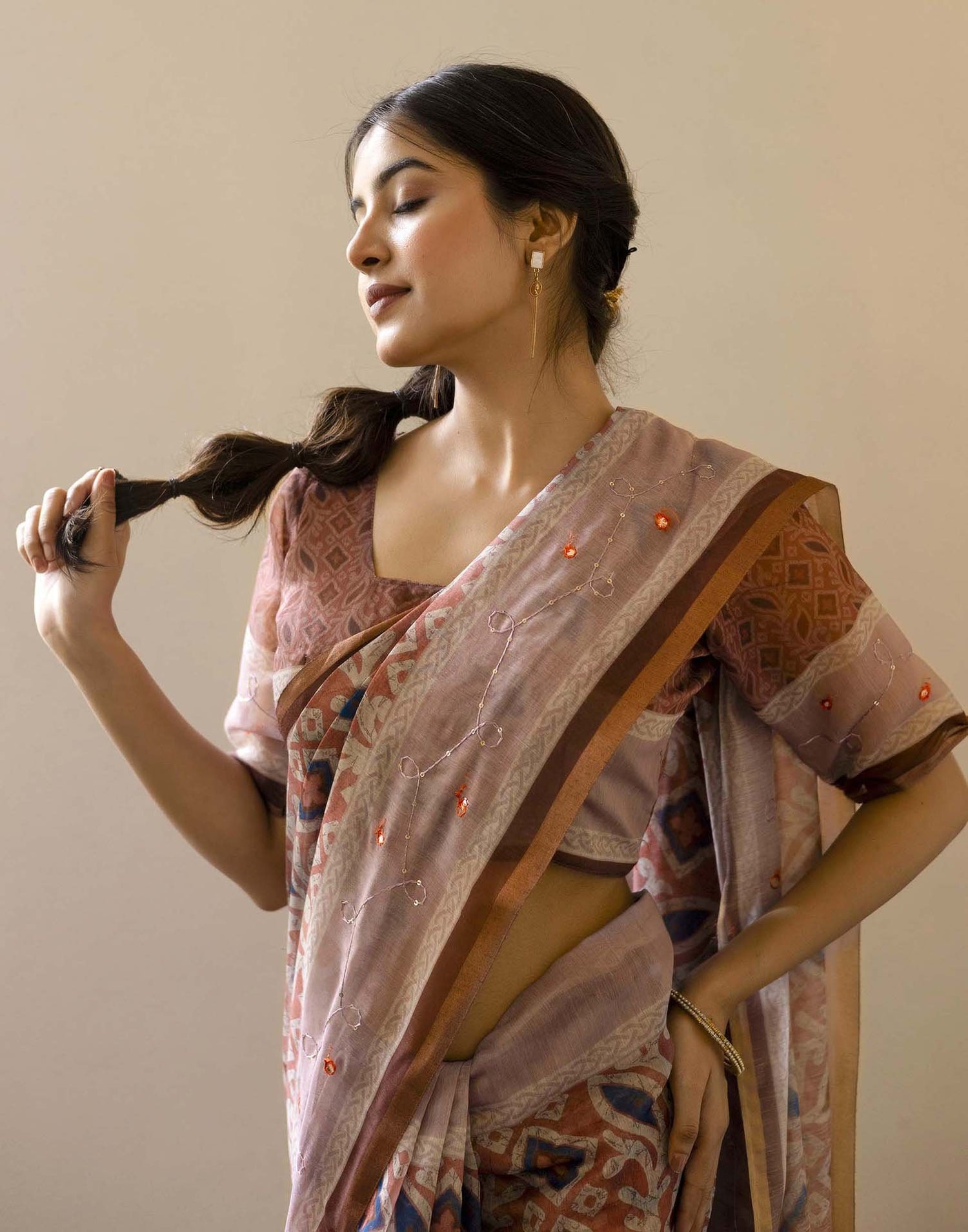 Dusty Peach Chanderi Printed Saree