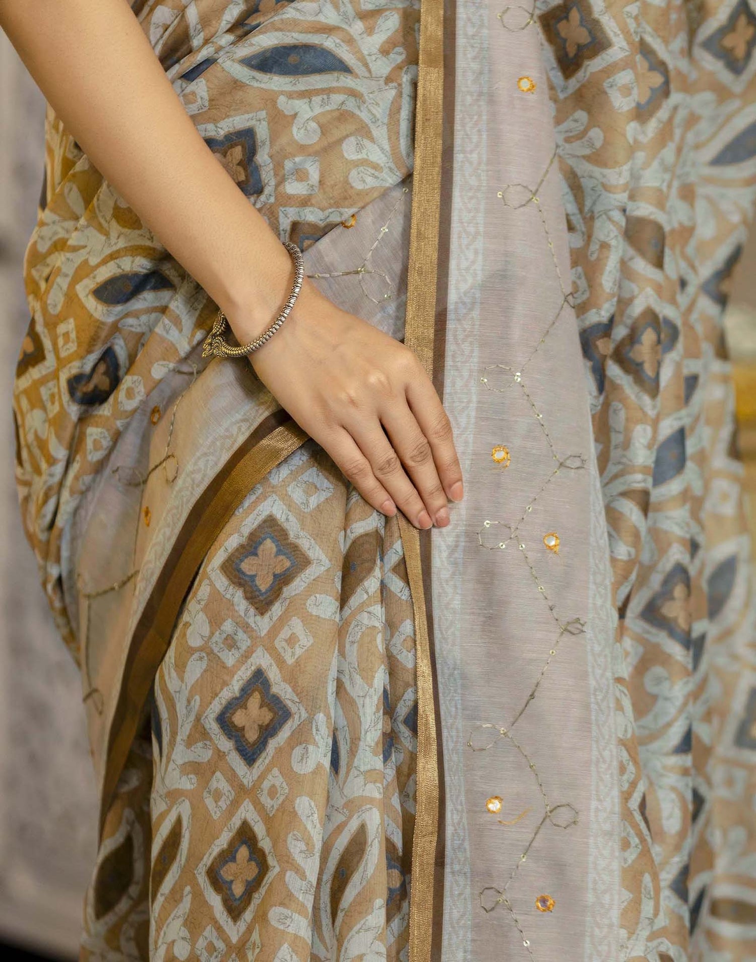 Mustard Yellow Chanderi Printed Saree