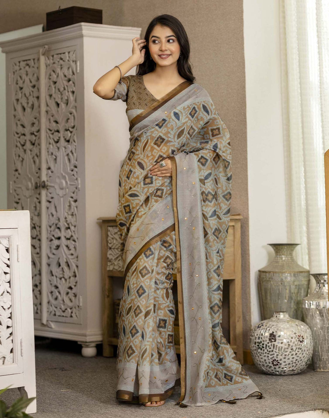 Mustard Yellow Chanderi Printed Saree