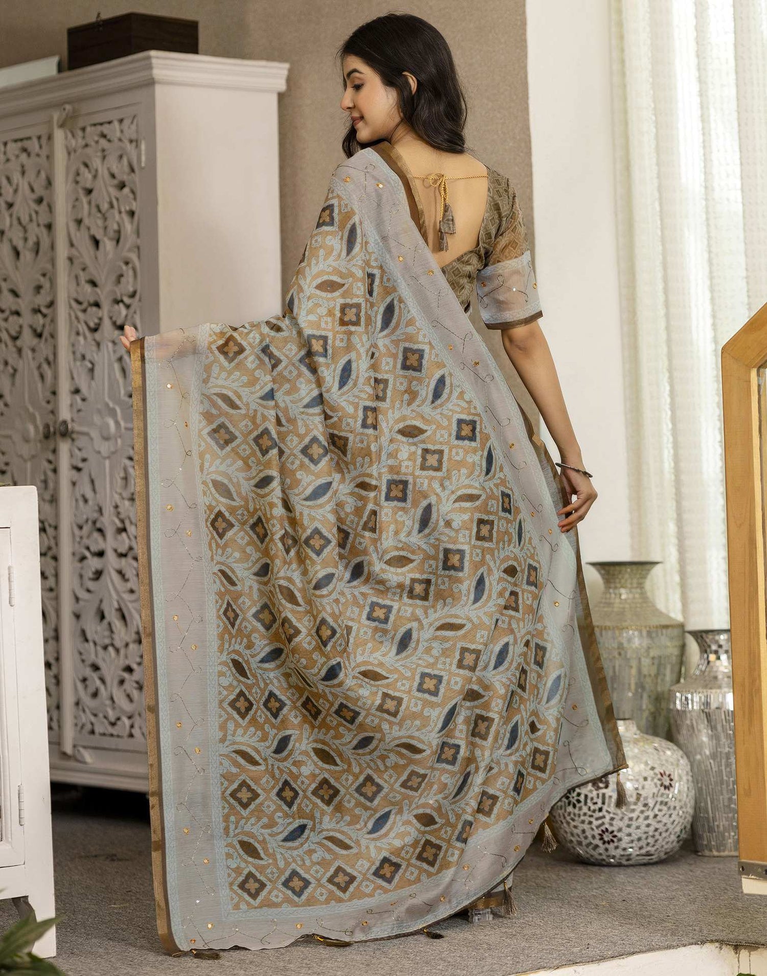 Mustard Yellow Chanderi Printed Saree