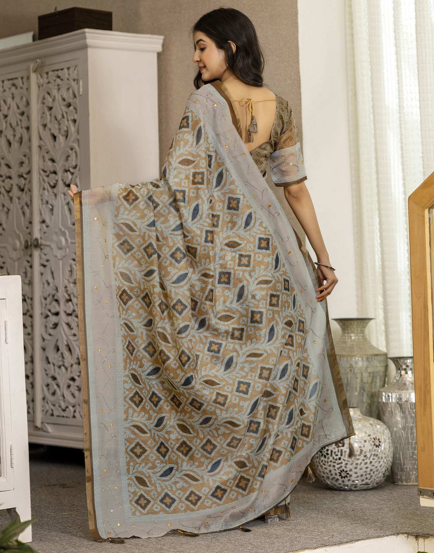 Mustard Yellow Chanderi Printed Saree