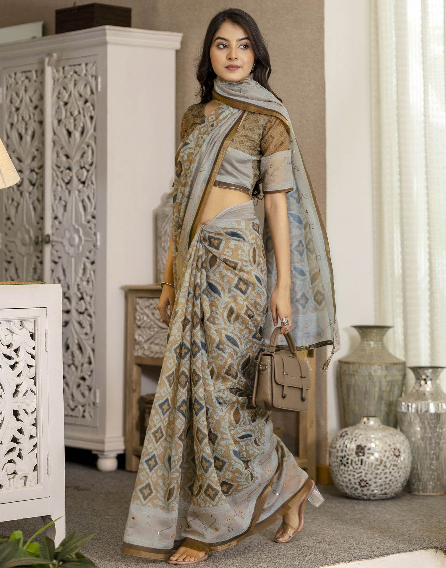Mustard Yellow Chanderi Printed Saree