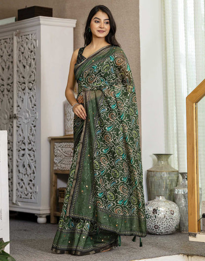 Dark Green Chanderi Printed Saree