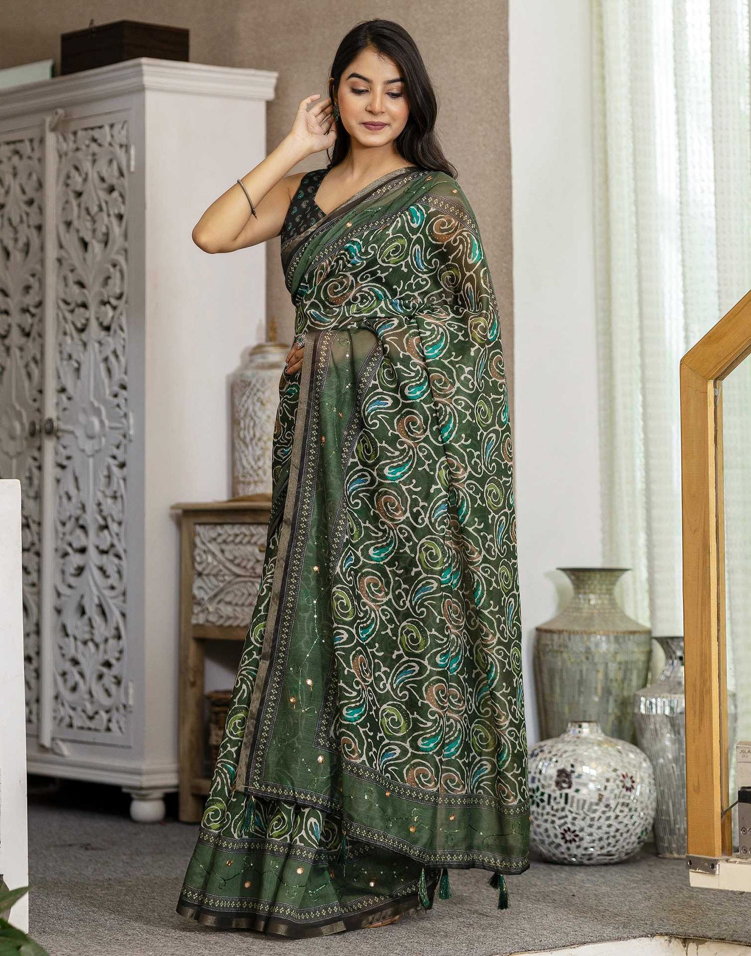 Dark Green Chanderi Printed Saree