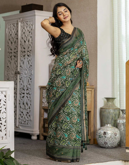 Dark Green Chanderi Printed Saree