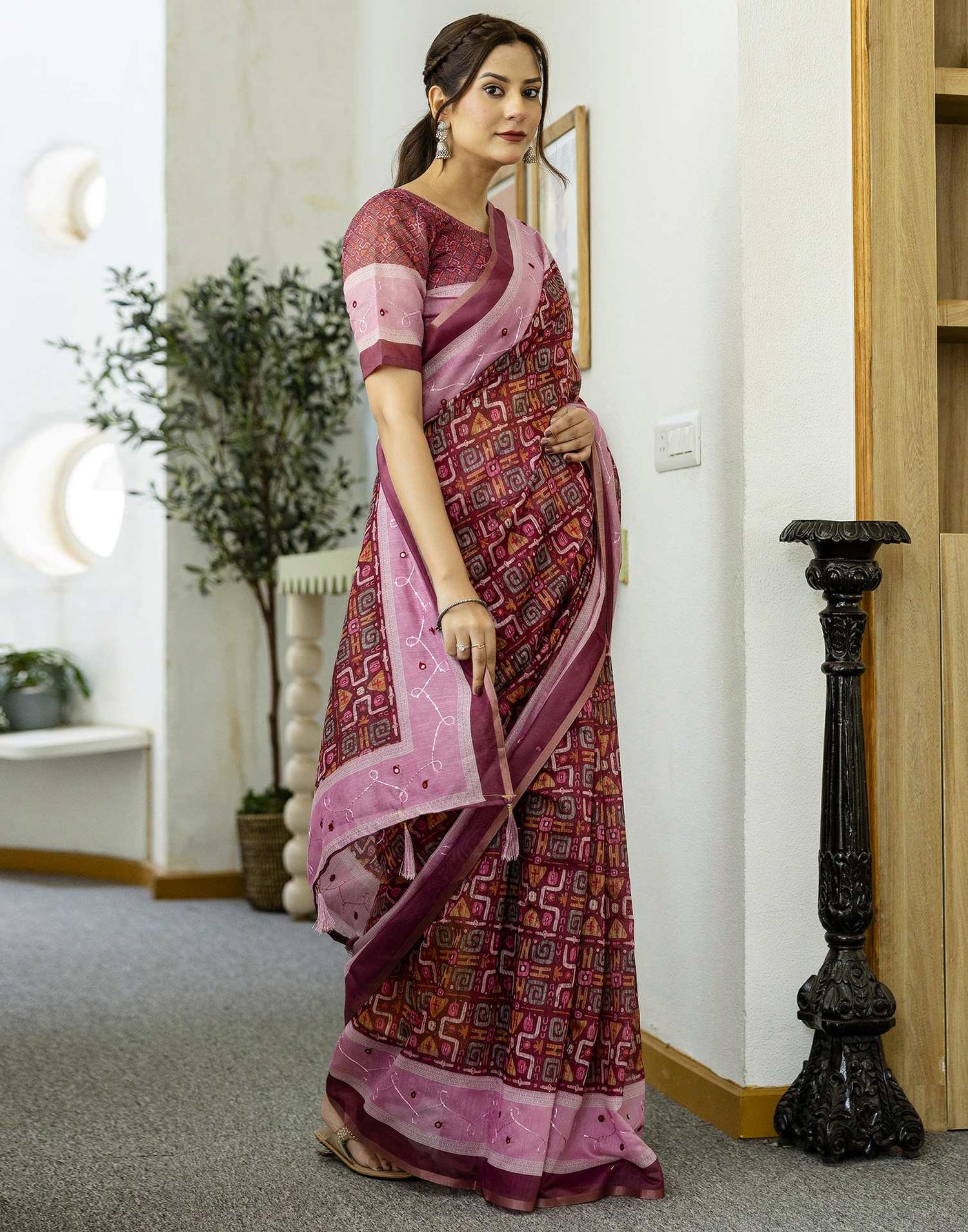 Dark Rani Pink Chanderi Printed Saree