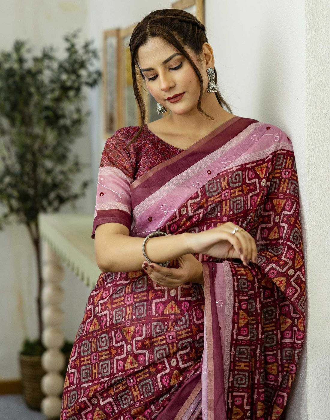 Dark Rani Pink Chanderi Printed Saree