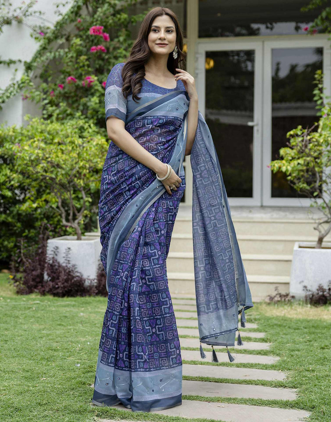 Dark Blue Chanderi Printed Saree