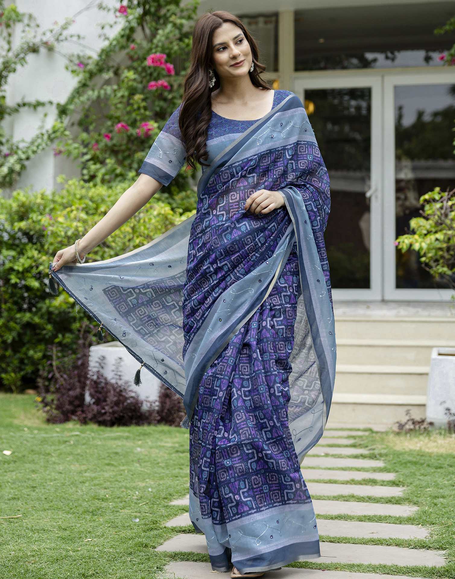 Dark Blue Chanderi Printed Saree