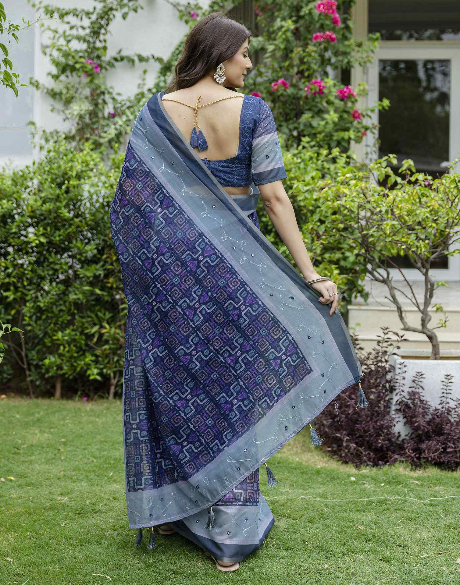 Dark Blue Chanderi Printed Saree