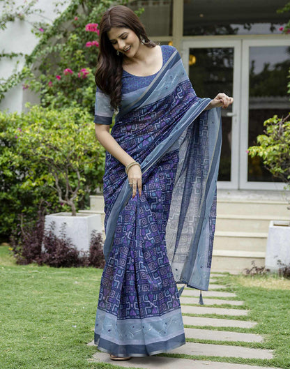Dark Blue Chanderi Printed Saree