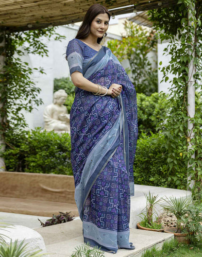 Dark Blue Chanderi Printed Saree