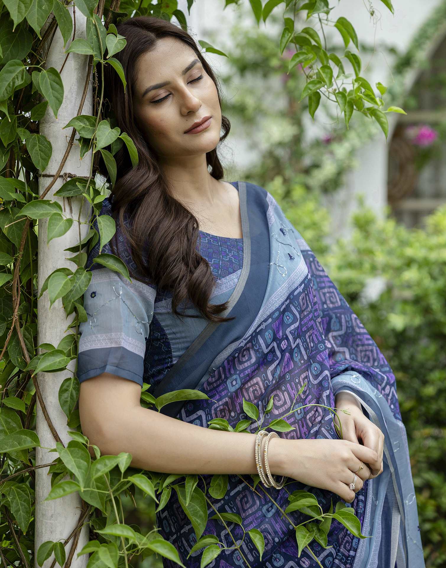 Dark Blue Chanderi Printed Saree