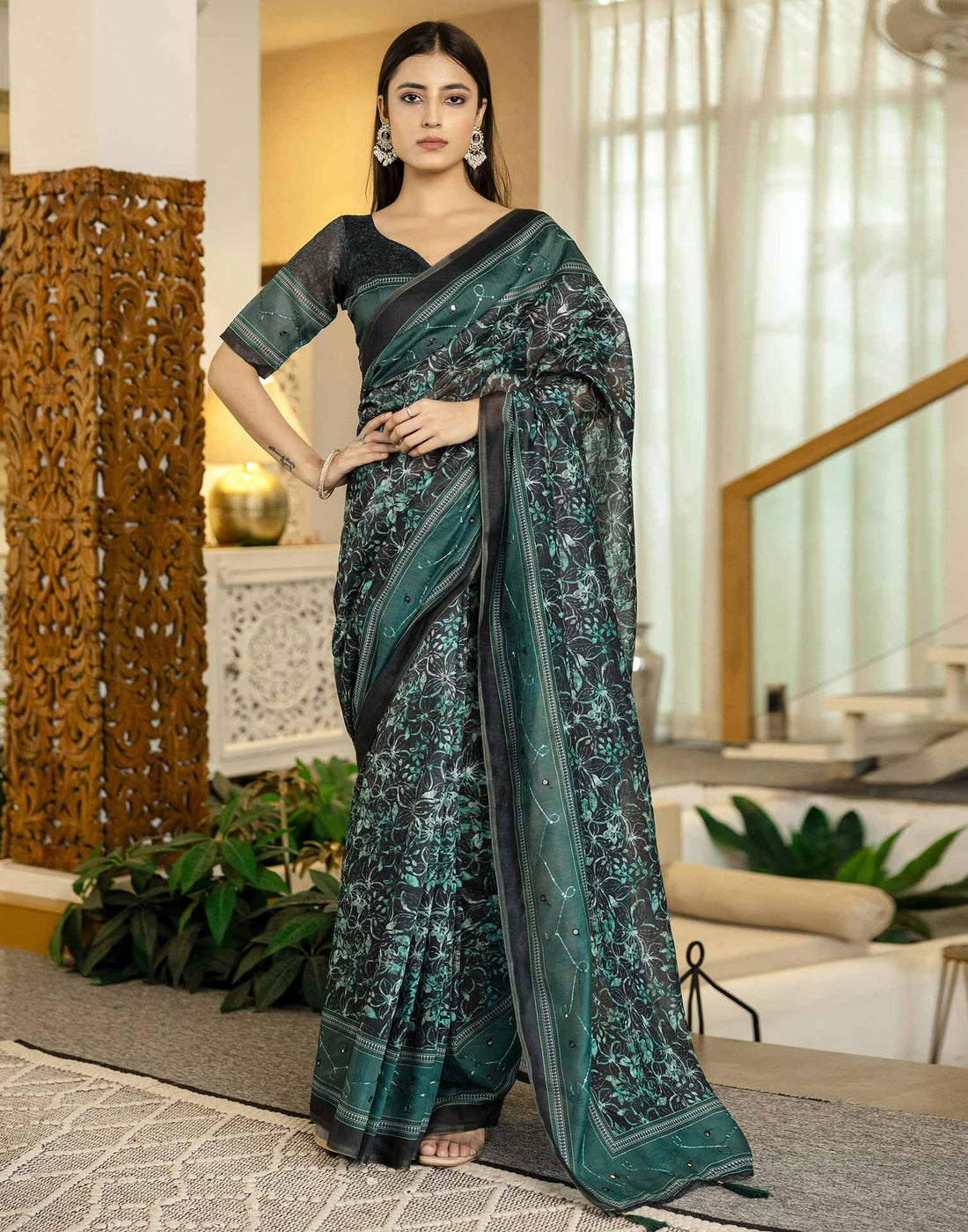 Teal Green Chanderi Printed Saree