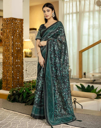 Teal Green Chanderi Printed Saree