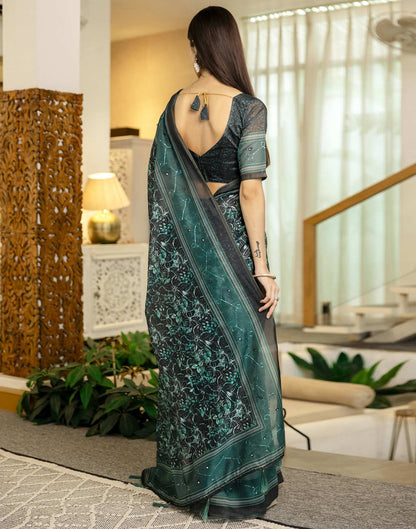 Teal Green Chanderi Printed Saree