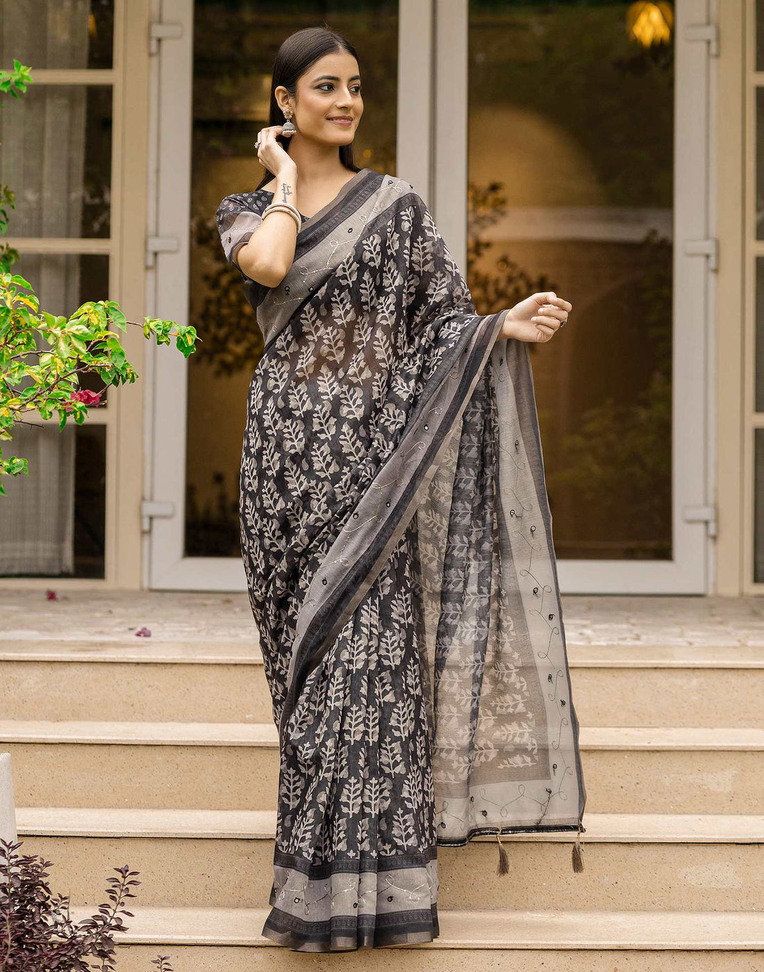 Black Chanderi Printed Saree