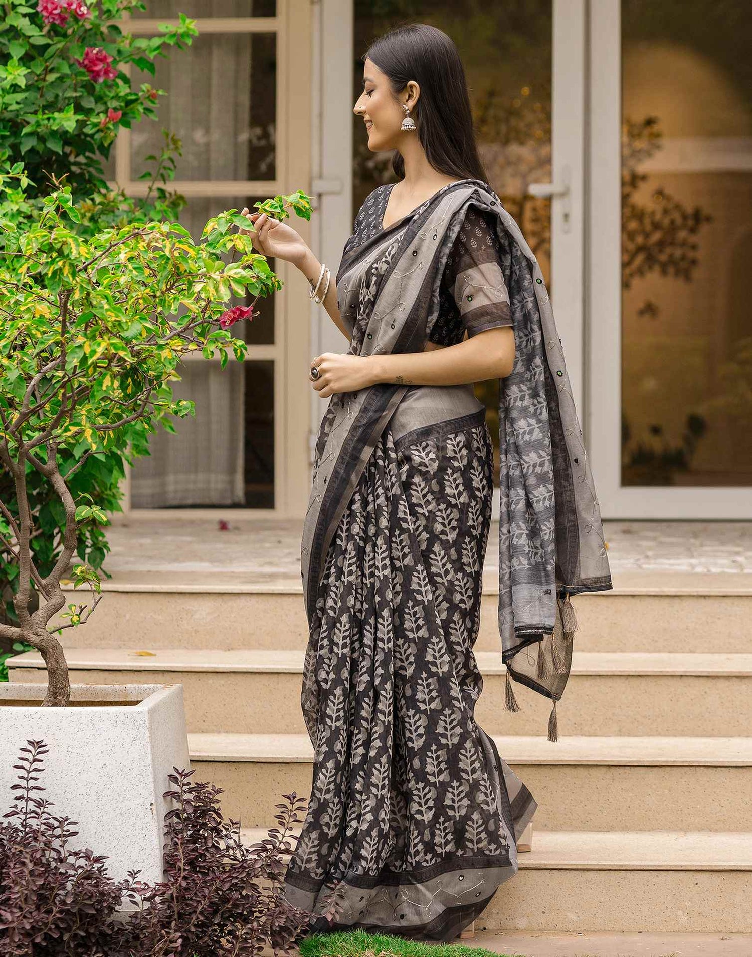 Black Chanderi Printed Saree