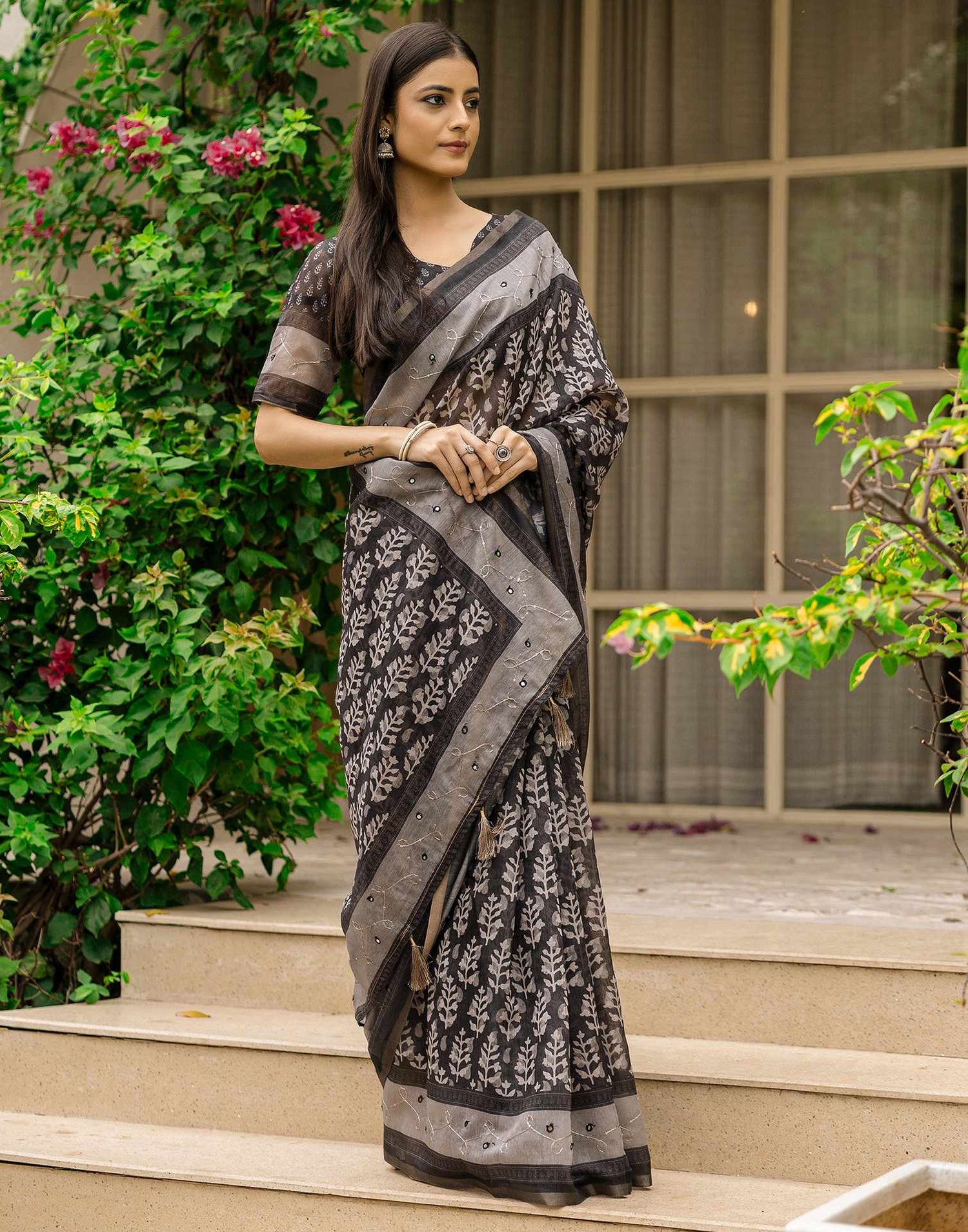Black Chanderi Printed Saree