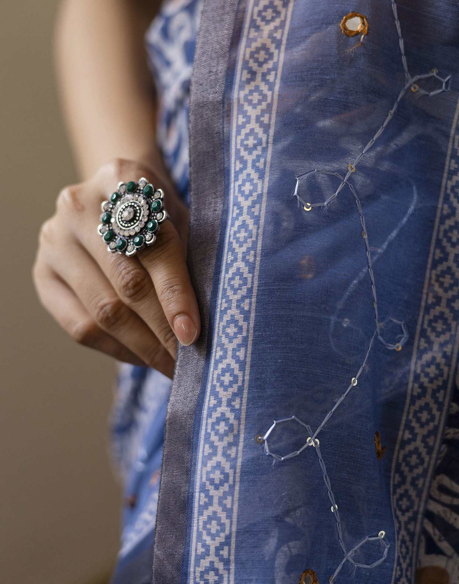 Blue Chanderi Printed Saree