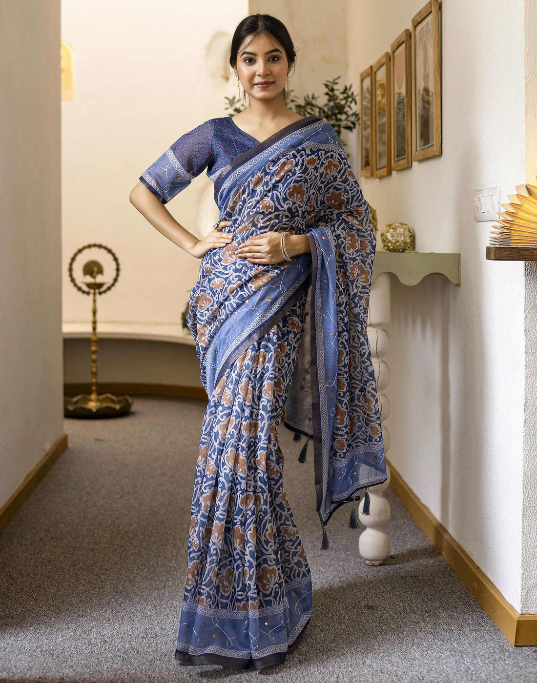 Blue Chanderi Printed Saree