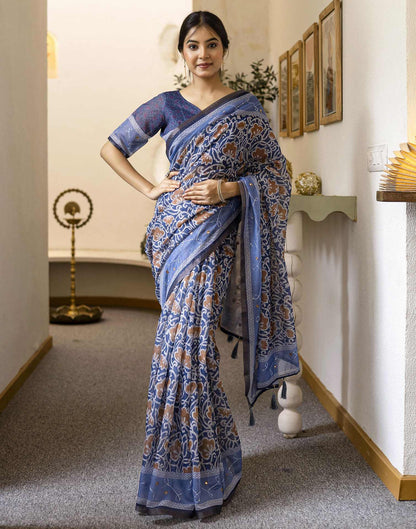 Blue Chanderi Printed Saree