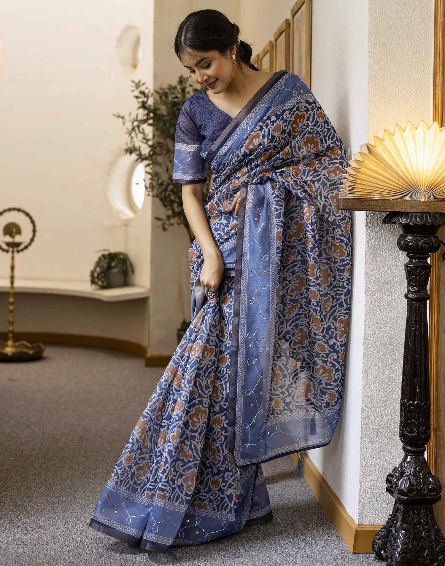 Blue Chanderi Printed Saree