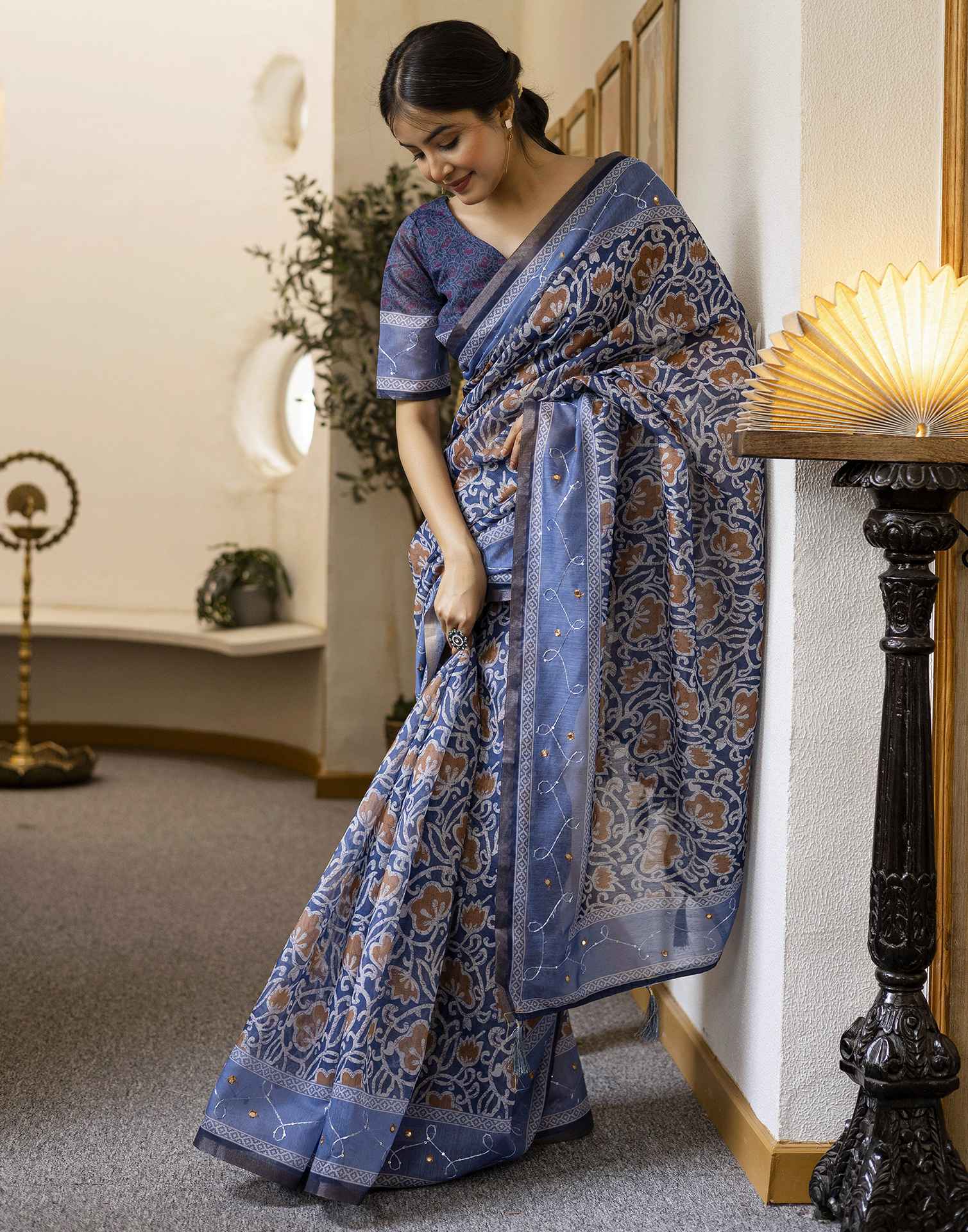 Blue Chanderi Printed Saree