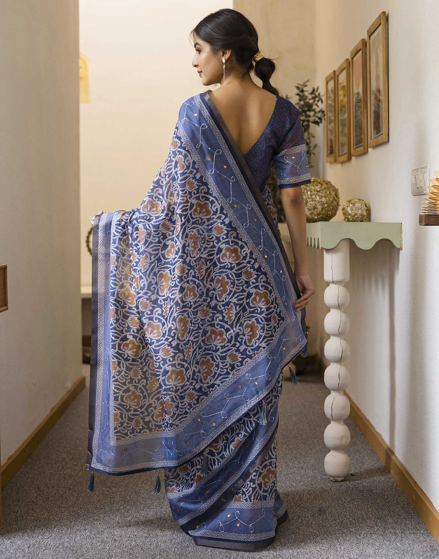Blue Chanderi Printed Saree