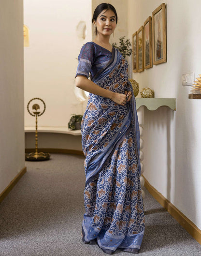 Blue Chanderi Printed Saree