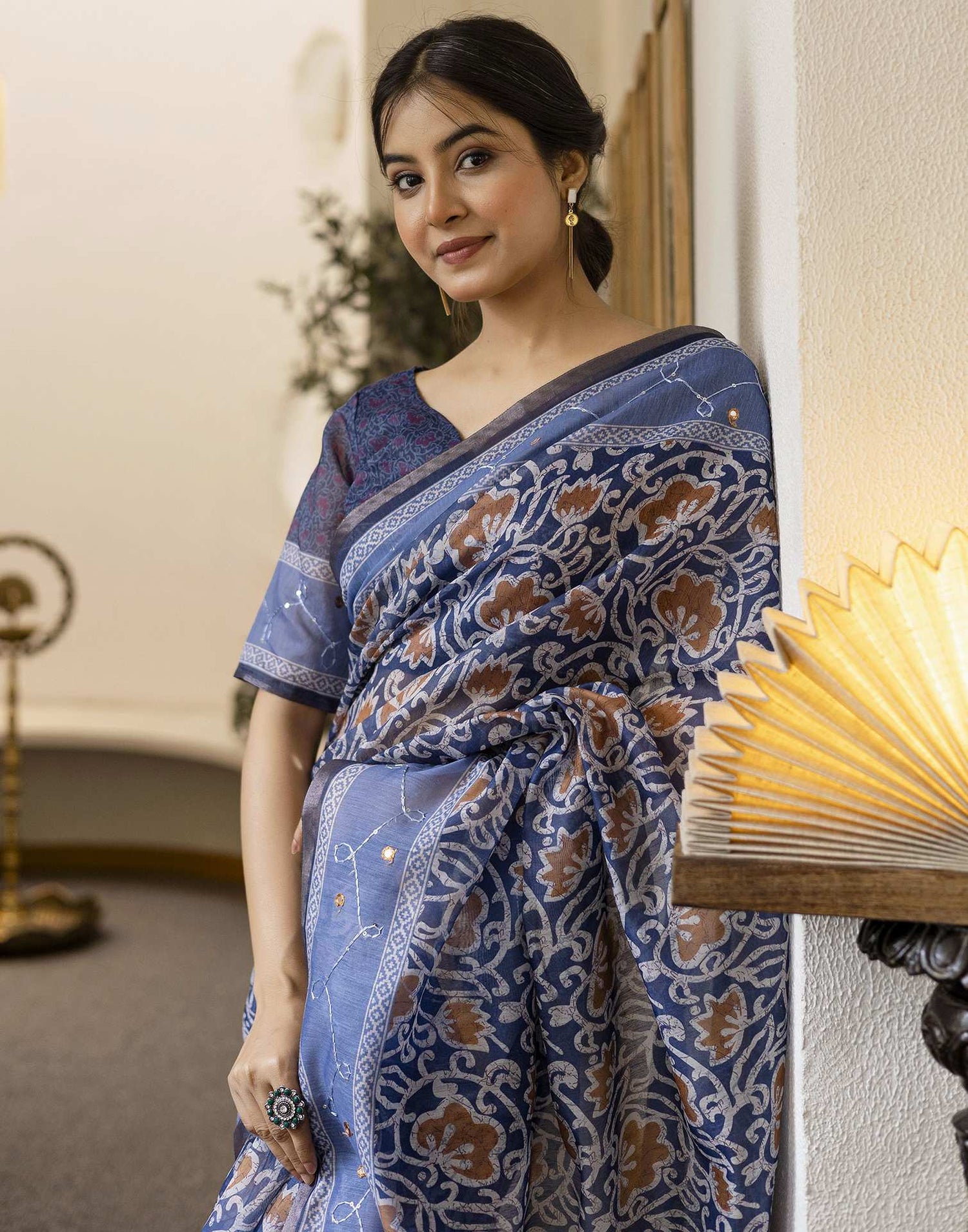 Blue Chanderi Printed Saree