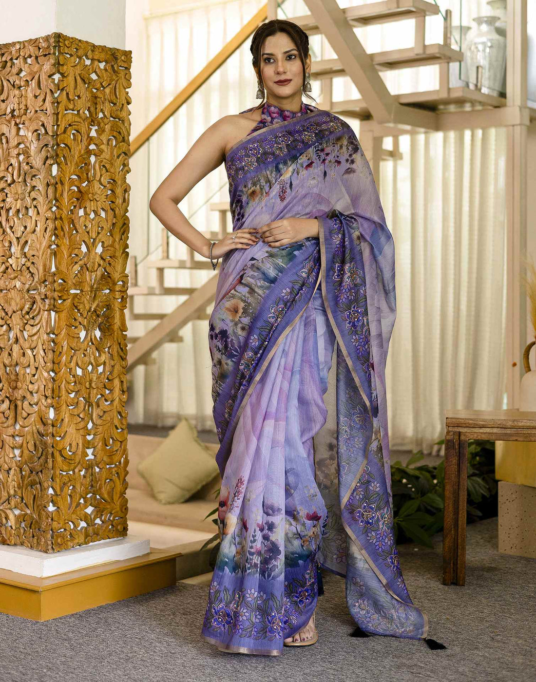 Light Purple Chanderi Floral Printed  Saree
