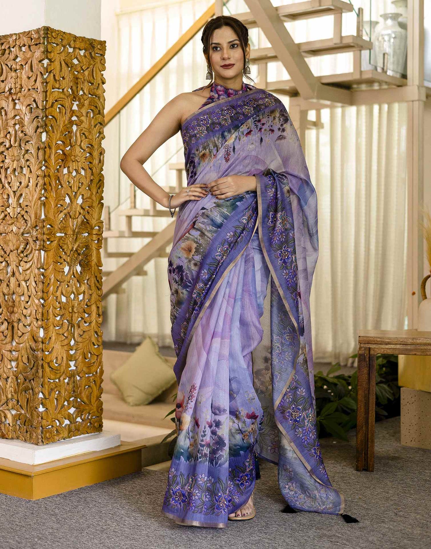 Light Purple Chanderi Floral Printed  Saree