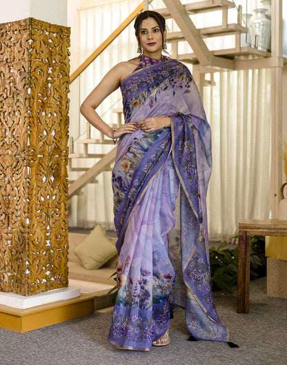 Light Purple Chanderi Floral Printed  Saree