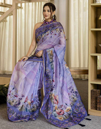 Light Purple Chanderi Floral Printed  Saree