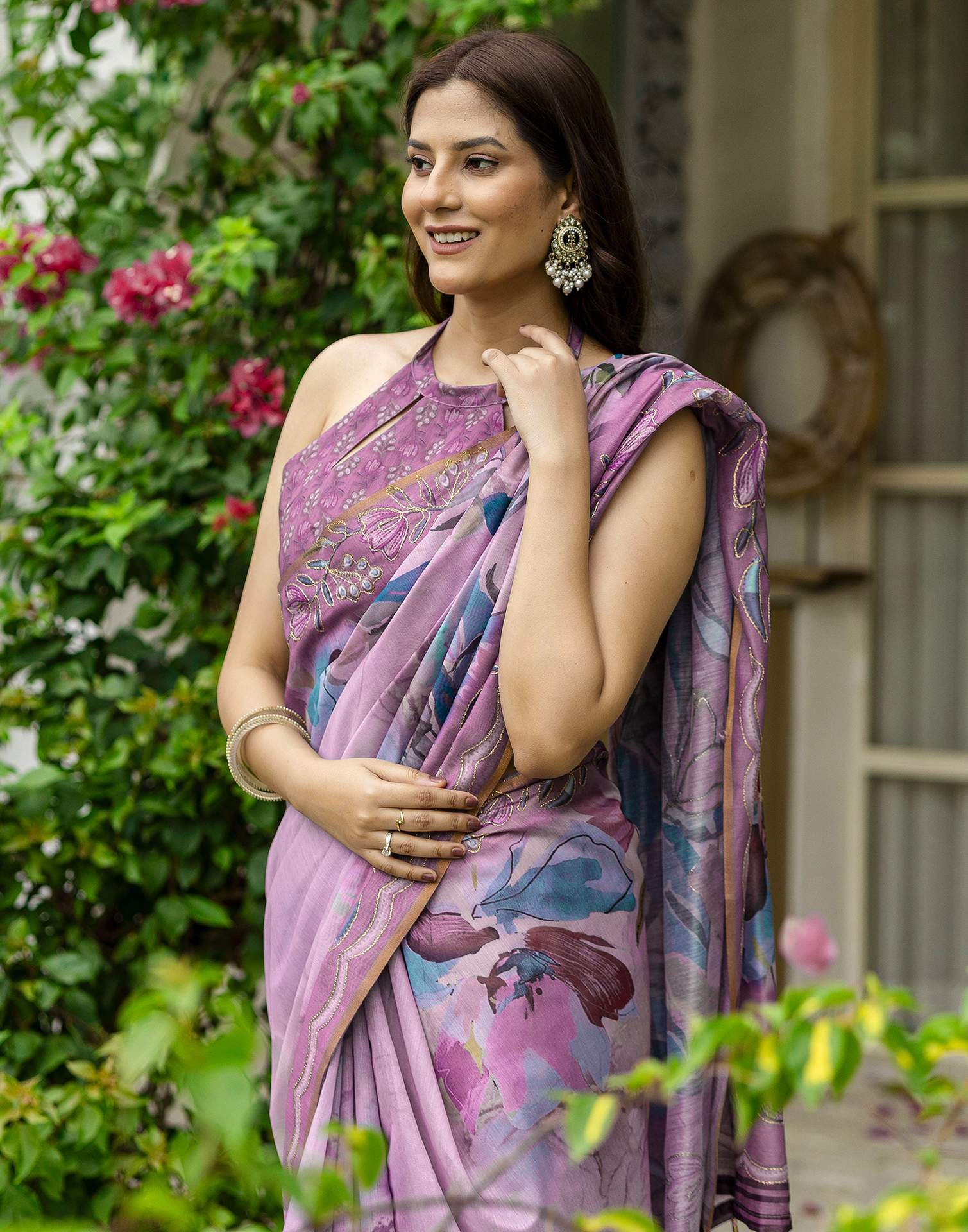 Pink Chanderi Floral Printed  Saree