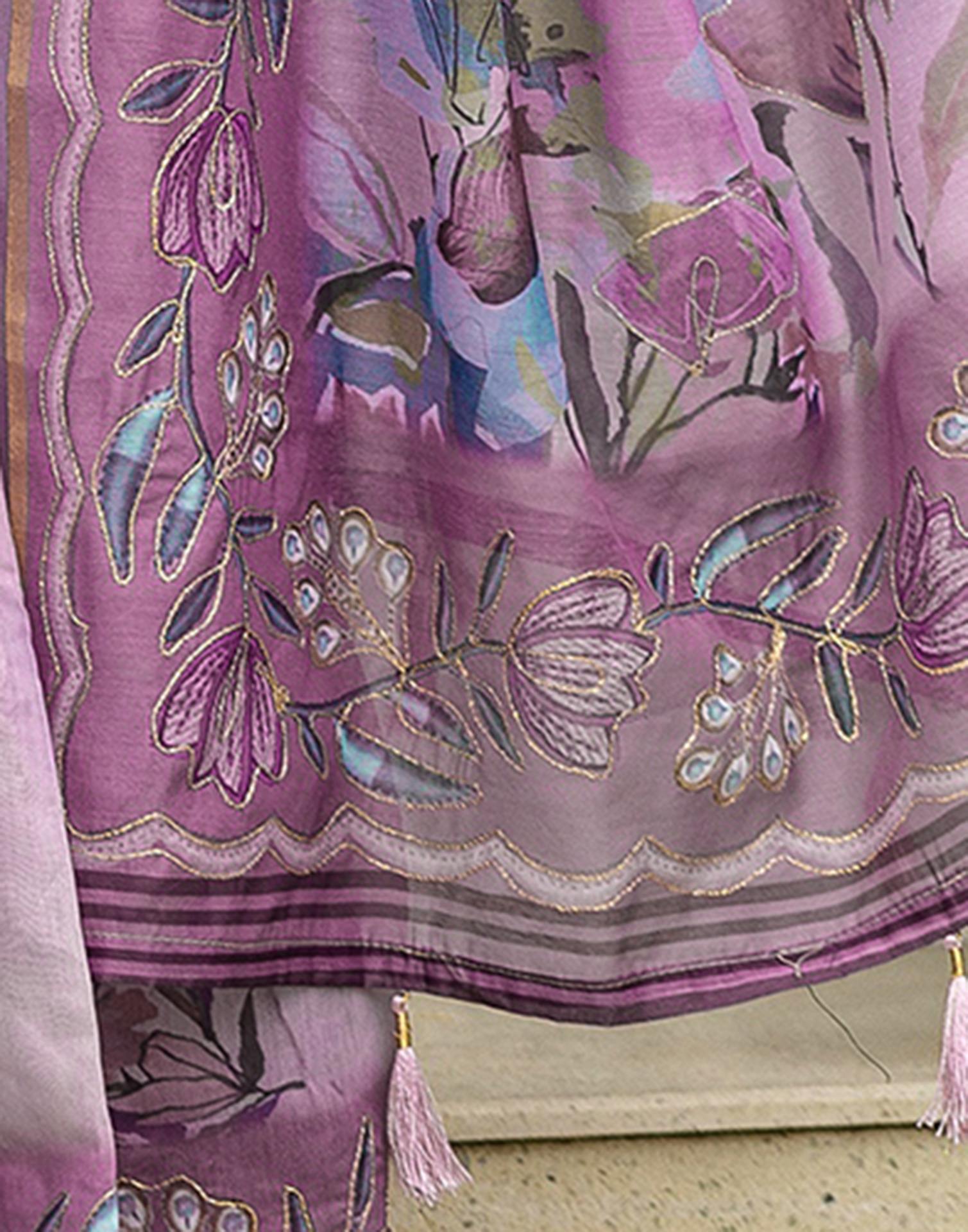 Pink Chanderi Floral Printed  Saree