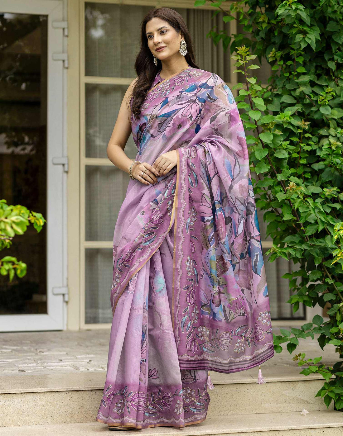 Pink Chanderi Floral Printed  Saree