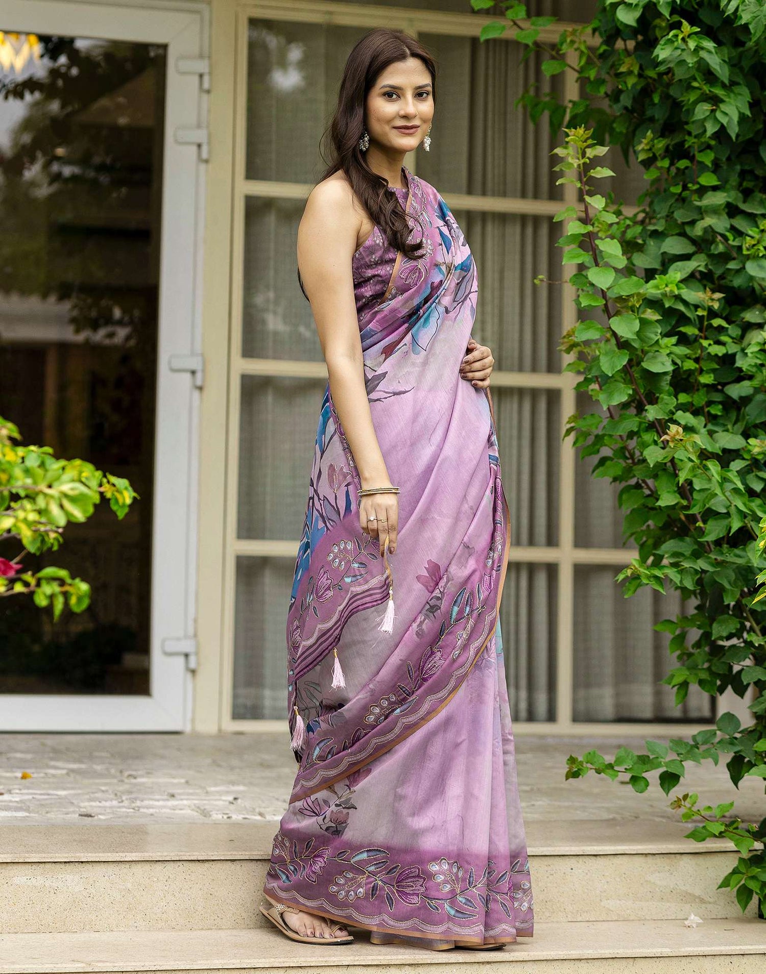 Pink Chanderi Floral Printed  Saree