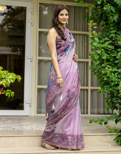 Pink Chanderi Floral Printed  Saree