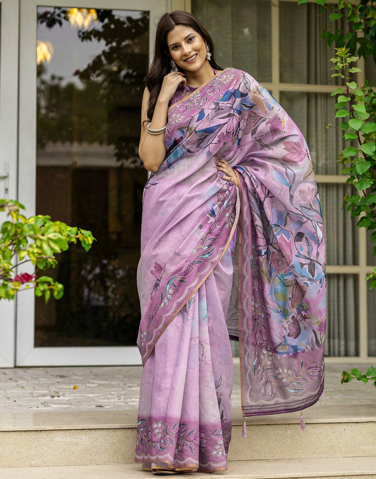 Pink Chanderi Floral Printed  Saree