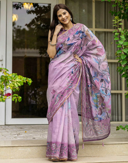 Pink Chanderi Floral Printed  Saree