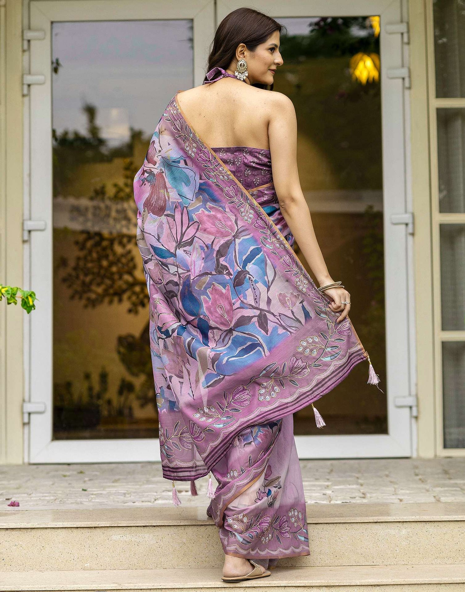 Pink Chanderi Floral Printed  Saree