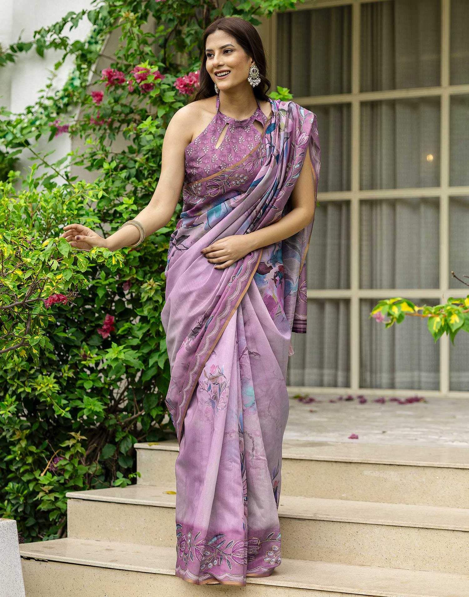 Pink Chanderi Floral Printed  Saree