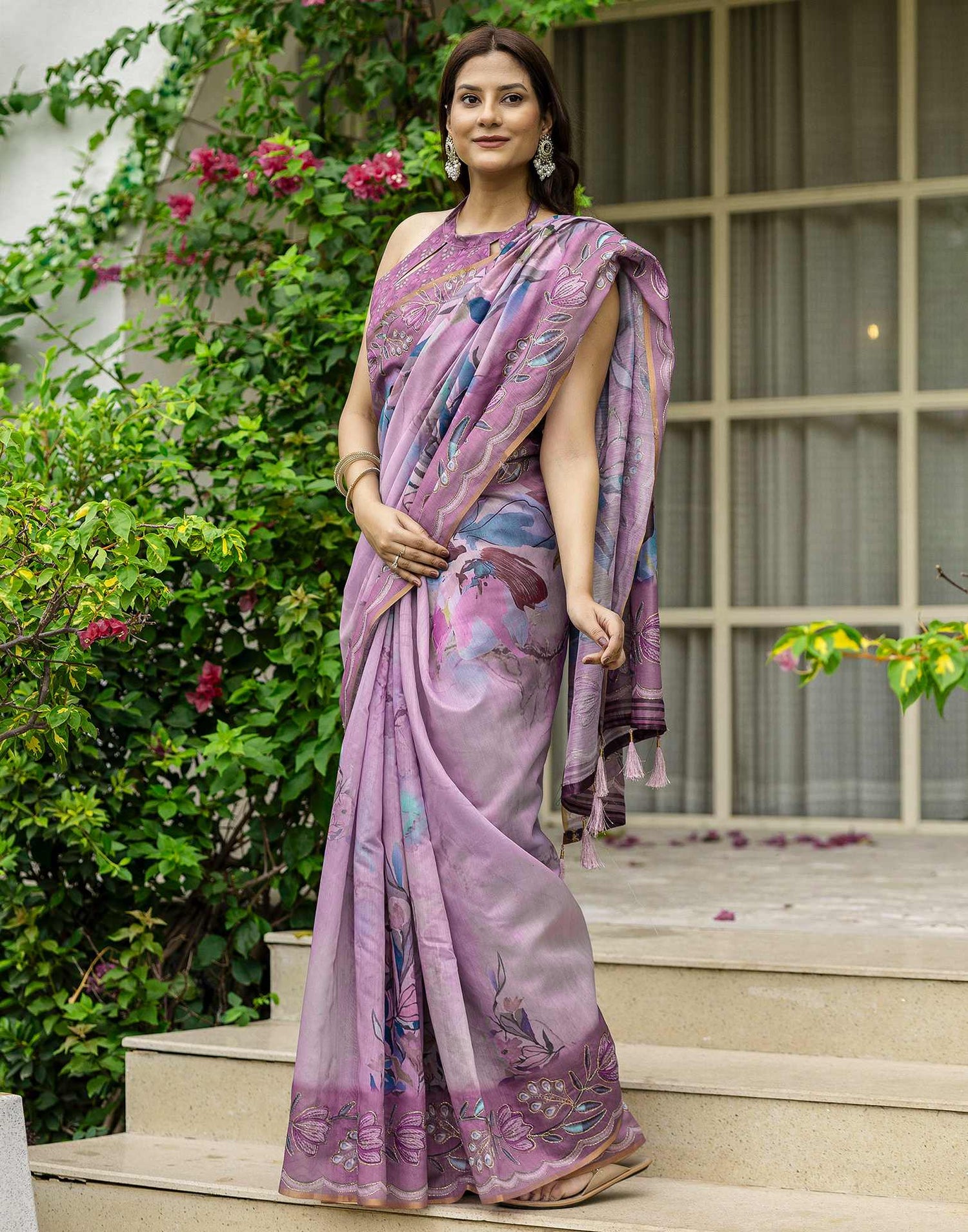 Pink Chanderi Floral Printed  Saree